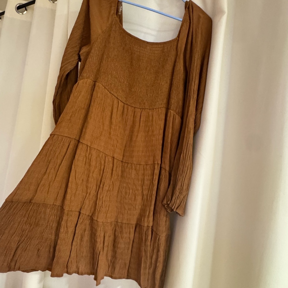 Smocked Dress in Camel Brown